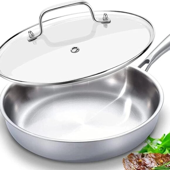 DELARLO Tri-Ply 12" Stainless Steel FRYING PAN with Glass Lid 18/8 NIB - Picture 1 of 4